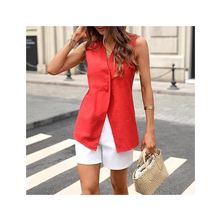 Solid-color Sleeveless Cotton-linen Womens Top