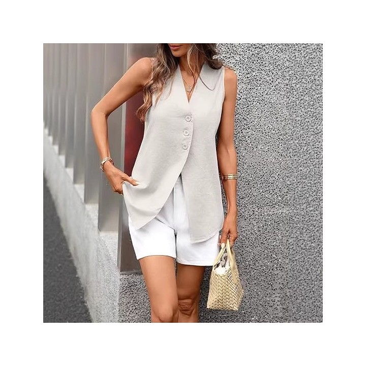 Solid-color Sleeveless Cotton-linen Womens Top