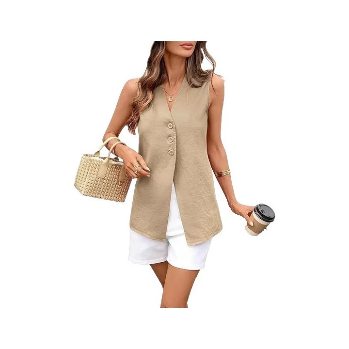 Solid-color Sleeveless Cotton-linen Womens Top