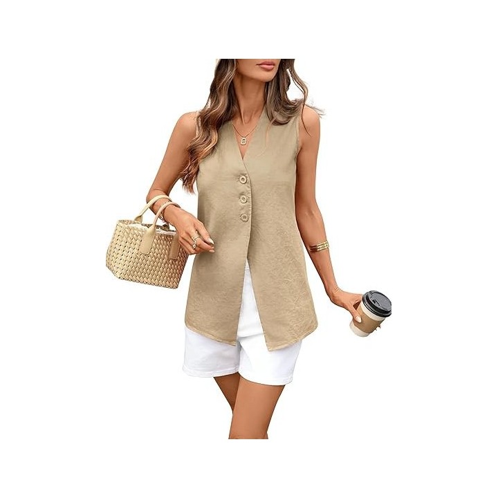 Solid-color Sleeveless Cotton-linen Womens Top